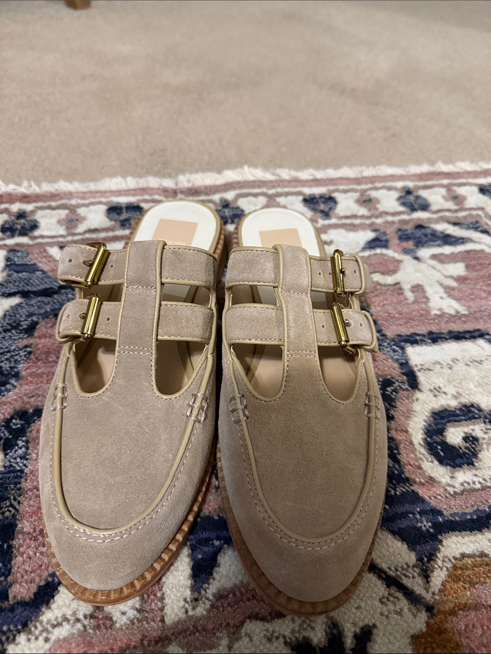 Dolce Vita Taupe Suede Double-Buckle Mule Loafers